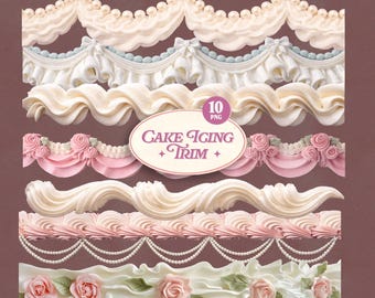 Moldura de glacê para bolo PNG, bordas de glacê vintage, bordas de sobremesa em tons pastel, clipart de confeitaria, decoração de bolo delicada, acabamento de creme doce, download digital