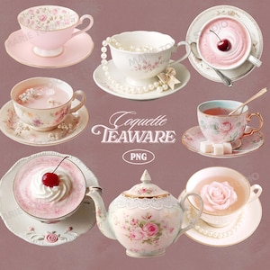 Può includere: Una collezione di tazze da tè, piattini e una teiera in stile vintage, con motivi floreali e colori pastello. Alcune tazze contengono bevande con ciliegie e panna montata. Il testo "Coquette TEAWARE" e "PNG" è incluso.
