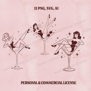 Op de afbeelding: Een illustratie in vintage-stijl met drie vrouwen in martiniglazen. De vrouwen zijn afgebeeld in retro badkleding, met sterren en de tekst "high res", "11 PNG, SVG, AI" en "300 DPI". De tekst onderaan luidt "PERSONAL & COMMERCIAL LICENSE".