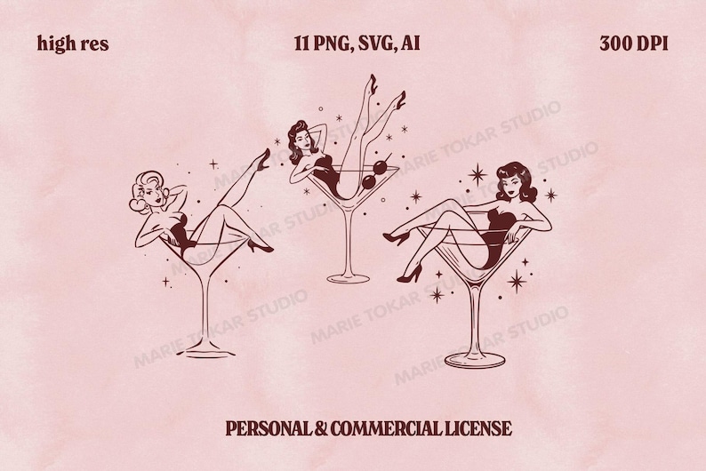 Op de afbeelding: Een illustratie in vintage-stijl met drie vrouwen in martiniglazen. De vrouwen zijn afgebeeld in retro badkleding, met sterren en de tekst "high res", "11 PNG, SVG, AI" en "300 DPI". De tekst onderaan luidt "PERSONAL & COMMERCIAL LICENSE".