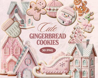 30 PNG Cute Gingerbread House & Christmas Cookie Clipart Pack, High-Quality, Pink Holiday Designs with Transparent Backgrounds, Sleigh, Tree