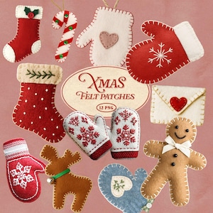 May include: A collection of felt Christmas patches in various shapes, including stockings, mittens, a candy cane, and a gingerbread person. The patches are red, white, and brown, with decorative stitching and snowflake designs. The text "Xmas Felt Patches" is also included.