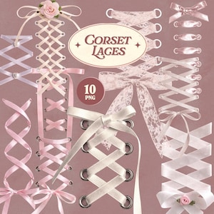 Pu&ograve; includere: Una collezione di dieci lacci per corsetti PNG in vari stili e colori, tra cui design bianchi, rosa e in pizzo. Alcuni lacci presentano fiocchi e accenti floreali. Il testo "Corset Laces" &egrave; visualizzato su un ovale decorativo.