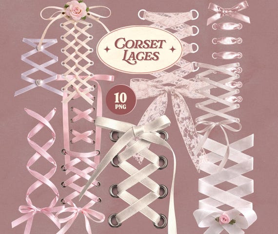 Corset Lace PNG Clipart Set, Coquette Ribbon Lacing, Victorian Bodice Ties, Romantic Lace Bows, Feminine Vintage Aesthetic Art Scrapbook