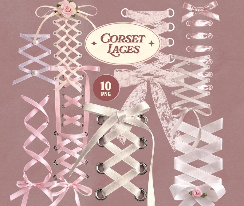 Pu&ograve; includere: Una collezione di dieci lacci per corsetti PNG in vari stili e colori, tra cui design bianchi, rosa e in pizzo. Alcuni lacci presentano fiocchi e accenti floreali. Il testo "Corset Laces" &egrave; visualizzato su un ovale decorativo.