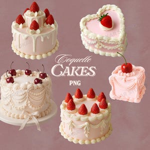 Może przedstawiać: Asortyment różowych ciast z białym lukrem i różnymi dodatkami, w tym truskawkami i wiśniami. Ciasta mają dekoracyjne detale i są ułożone na różowym tle. Widoczny jest również tekst "Coquette Cakes PNG".
