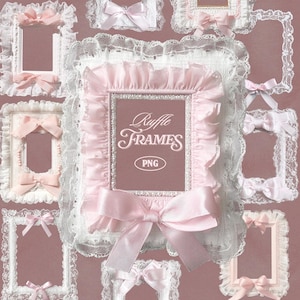May include: A collection of decorative frames with a vintage aesthetic. The frames are primarily white and pink, featuring lace, bows, and ruffled edges. The central frame displays the text "Ruffle Frames PNG".