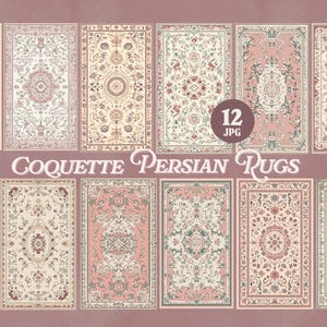 May include: Twelve digital images of Persian rugs are shown. The rugs display detailed floral and geometric designs in cream, pink, and muted green. The text "Coquette Persian Rugs" is displayed across the image.