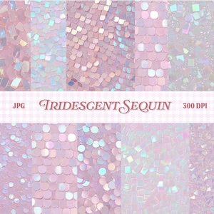 Op de afbeelding: Een verzameling iriserende paillettenpatronen in roze, lavendel en wit. De afbeelding toont verschillende texturen, waaronder vierkante en cirkelvormige vormen, met de tekst "Iridescent Sequin" en "300 DPI".