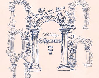 Vintage Wedding Arch Clipart, Floral Archway PNG SVG AI, Hand Drawn Romantic Ceremony Arch Illustrations, Whimsical Wedding Decor Clip Art