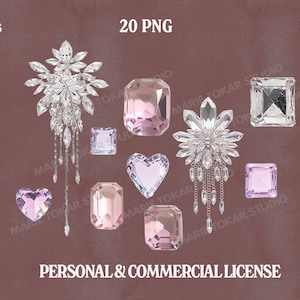 May include: An assortment of sparkling crystal embellishments in various shapes, including squares, rectangles, and hearts, in shades of clear, pink, and lavender. The image also includes text that reads "high res", "20 PNG", "300 DPI", and "PERSONAL & COMMERCIAL LICENSE".