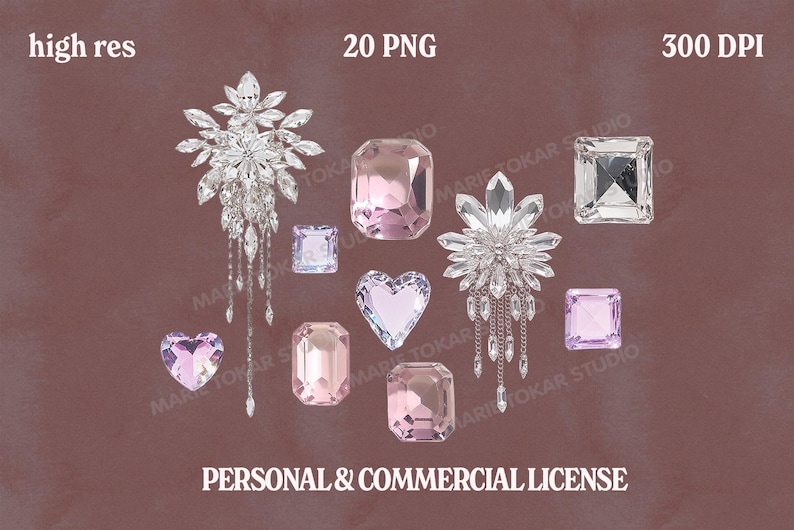 May include: An assortment of sparkling crystal embellishments in various shapes, including squares, rectangles, and hearts, in shades of clear, pink, and lavender. The image also includes text that reads "high res", "20 PNG", "300 DPI", and "PERSONAL & COMMERCIAL LICENSE".