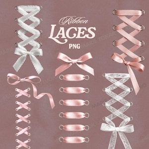 May include: Digital illustration of ribbon laces in white and pink, with bows and eyelets. The image includes the text "Ribbon Laces PNG". The laces are arranged in various styles, perfect for crafting or design projects.