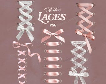Feminine Corset Laces PNG Clipart, Pink Satin & White Lace Ribbon Embellishments, Coquette Bows for Collage and Scrapbooking, Invitations