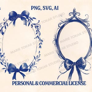 May include: Two blue oval frames with bows. The frame on the left is surrounded by a wreath of leaves. The frame on the right has a more ornate design. Both frames are on a cream background.  PERSONAL & COMMERCIAL LICENSE.