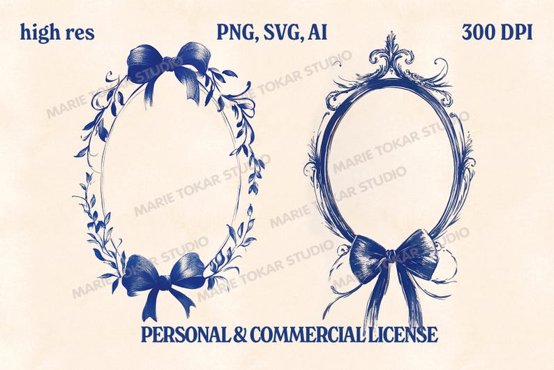 May include: Two blue oval frames with bows. The frame on the left is surrounded by a wreath of leaves. The frame on the right has a more ornate design. Both frames are on a cream background.  PERSONAL & COMMERCIAL LICENSE.