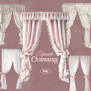 Puede incluir: Colección de cortinas elegantes en varios estilos. Incluye cortinas blancas, crema y rosas con encaje, volantes y lazos. Algunas presentan un patrón de cuadros rosa y blanco. El texto "Coquette Curtains" está presente.