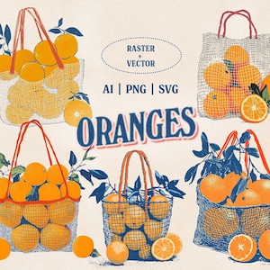 Puede incluir: Cinco ilustraciones de bolsas de malla llenas de naranjas. Las bolsas son de diferentes colores y estilos, algunas con asas y otras sin ellas. Las naranjas son todas de un color naranja brillante y están dispuestas de diversas maneras. El texto "RATER + VECTOR AI | PNG | SVG ORANGES" está en la parte superior de la imagen.