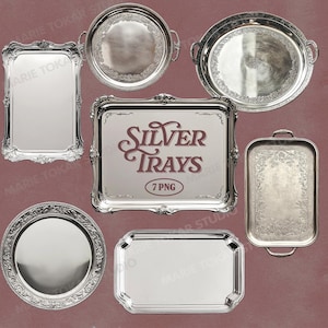Może przedstawiać: Kolekcja siedmiu srebrnych tac w różnych kształtach i rozmiarach. Zawiera prostokątne, owalne i okrągłe tace, niektóre z ozdobnymi krawędziami i uchwytami. Tekst "SILVER TRAYS" jest wyświetlany na jednej tacy.