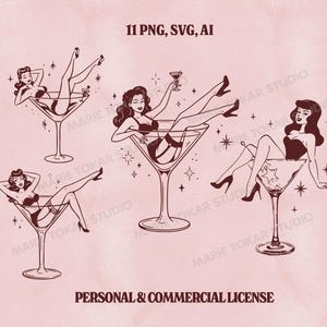 Op de afbeelding: Illustratie van vrouwen in martiniglazen. De afbeelding toont vier pin-up-stijl illustraties van vrouwen in martiniglazen. De afbeelding heeft de tekst "high res", "11 PNG, SVG, AI" en "300 DPI". De onderkant van de afbeelding heeft de tekst "PERSONAL & COMMERCIAL LICENSE".