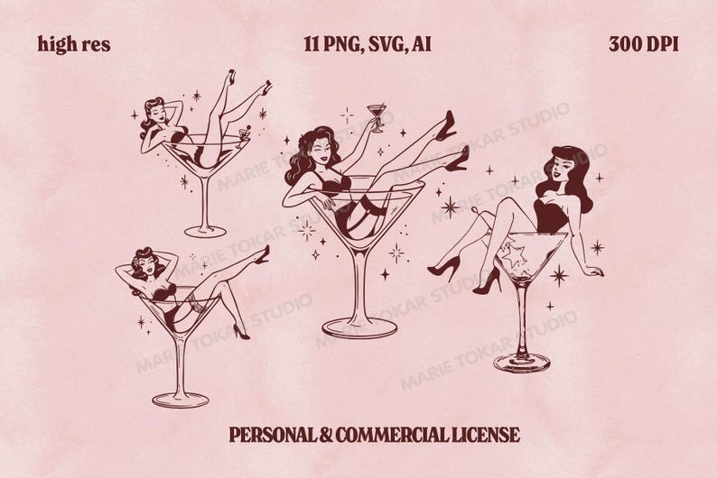 Op de afbeelding: Illustratie van vrouwen in martiniglazen. De afbeelding toont vier pin-up-stijl illustraties van vrouwen in martiniglazen. De afbeelding heeft de tekst "high res", "11 PNG, SVG, AI" en "300 DPI". De onderkant van de afbeelding heeft de tekst "PERSONAL & COMMERCIAL LICENSE".