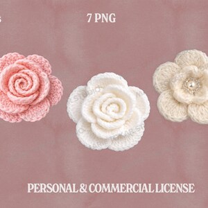 Puede incluir: Tres apliques de flores de ganchillo en tonos rosa y blanco, con un centro de perlas en uno. Las flores est&aacute;n dispuestas sobre un fondo rosa apagado. La imagen incluye el texto "high res", "7 PNG", "300 DPI" y "PERSONAL & COMMERCIAL LICENSE".