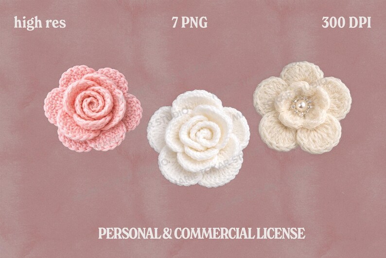Puede incluir: Tres apliques de flores de ganchillo en tonos rosa y blanco, con un centro de perlas en uno. Las flores est&aacute;n dispuestas sobre un fondo rosa apagado. La imagen incluye el texto "high res", "7 PNG", "300 DPI" y "PERSONAL & COMMERCIAL LICENSE".
