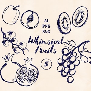 May include: Dark blue ink illustrations of various fruits, including an apple, peach, kiwi, tomatoes, pomegranate, and grapes, on a cream background. The image also features the text "Whimsical Fruits" and file type options.