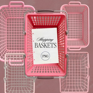 Shopping Basket PNG Bundle – 5 Pink and Metal Basket Clipart Designs for Market Graphics, Retail Branding, Crafts and Digital Art, Stickers