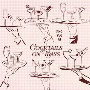Pode incluir: Ilustração em tons sépia de cocktails em bandejas, apresentando vários copos de cocktail com guarnições como cerejas e rodelas de limão. A imagem inclui o texto "COCKTAILS ON TRAYS" e indicadores de tipo de ficheiro "PNG SVG AI".
