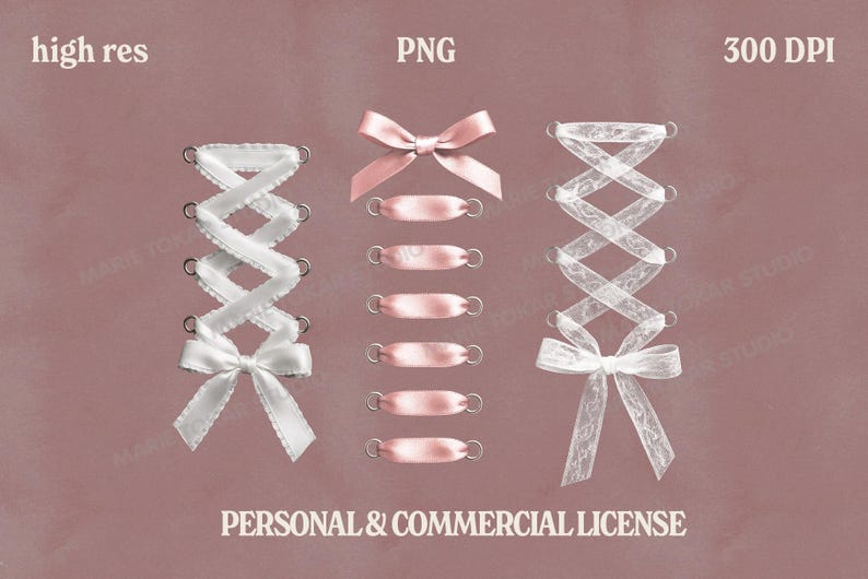 May include: Digital illustration of three sets of decorative elements. Two white lace-up designs with bows and one pink bow with matching pink eyelets. The text "high res", "PNG", and "300 DPI" are visible. The words "PERSONAL & COMMERCIAL LICENSE" are also present.