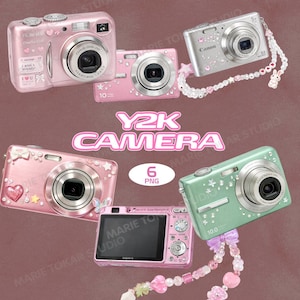 May include: A collection of six Y2K-style digital cameras in various colors, including pink, silver, and mint green. The cameras are decorated with hearts, stars, and bows. The image includes the text "Y2K CAMERA" and "6 PNG".