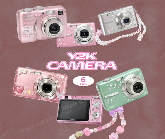 Y2K Camera PNG Clipart Set, Retro Digital Cameras, Cute Pink Aesthetic, Cyber Y2K Graphics for Scrapbooking, Stickers, Collage Journal Art