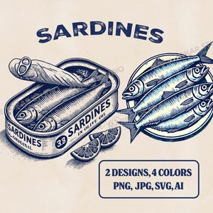 Könnte beinhalten: Eine Vintage-Illustration einer Sardinen-Dose mit dem Text "Sardines - Original" und "3.8 Sardines in Olive Oil". Die Dose ist geöffnet und enthält Sardinen. Es gibt auch einen Teller mit Sardinen mit einer Vintage-Illustration.