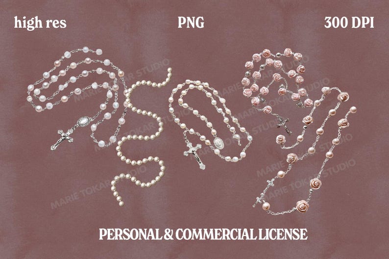 May include: Several rosaries are displayed against a brown background. The rosaries feature white beads, silver crosses, and some have rose-shaped beads. The image includes text that reads "high res", "PNG", and "300 DPI". The text "PERSONAL & COMMERCIAL LICENSE" is also present.