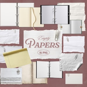 Puede incluir: Una variedad de elementos de papel en blanco, incluyendo cuadernos, papel rayado rasgado y un bloc de notas amarillo, están dispuestos sobre un fondo granate. Las palabras "Empty Papers" y "16 PNG" son visibles. Algunos papeles están sujetos con clips plateados.