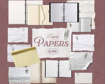 May include: An assortment of blank paper elements, including notebooks, torn lined paper, and a yellow notepad, are arranged on a maroon background. The words "Empty Papers" and "16 PNG" are visible. Some papers are held together with silver paper clips.