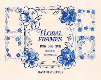5 Hand Drawn Botanical Frames Clipart Png Svg Ai and Jpg Bundle Vintage Floral Borders for Digital Crafting Wedding Invitations & Decor