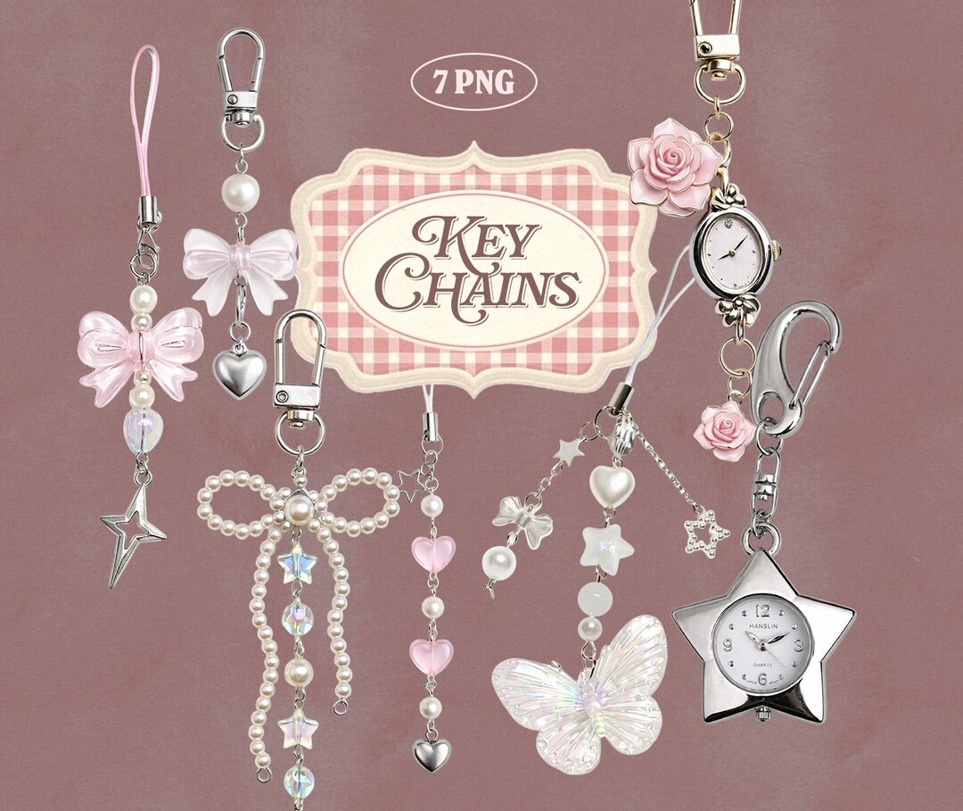 Cute Keychains PNG Bundle, Kawaii Charm Keychain Clipart, Pastel Beads ...