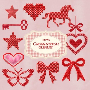 May include: A collection of red cross-stitch clipart elements, including stars, hearts, a horse, a key, bows, and a butterfly. The image includes the text "10 PNG Cross-Stitch Clipart" in a decorative frame, all set against a soft pink background.