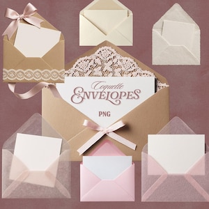 Puede incluir: Una variedad de sobres decorativos en varios estilos y colores. Algunos sobres son marrones, rosas y translúcidos, con detalles como encaje y lazos de satén. El sobre central muestra el texto "Coquette Envelopes PNG".