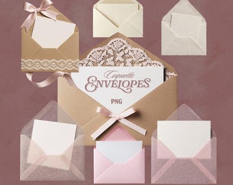 Peut inclure: Divers enveloppes décoratives de différentes formes et couleurs. Certaines sont marron, roses et translucides, avec des détails comme de la dentelle et des nœuds en satin. L'enveloppe centrale affiche le texte "Coquette Envelopes PNG".