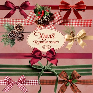 May include: A collection of Christmas ribbon bows in various styles and colors, including red velvet, gold satin, and checkered patterns. The image includes pinecones, holly, and the text "Xmas Ribbon Bows 10 PNG".