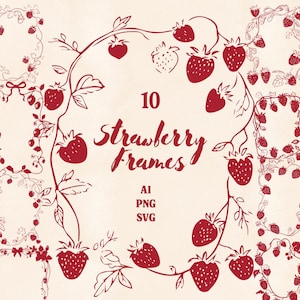 Set di 10 clipart di cornici di fragole in formato PNG SVG AI, bordi di frutta disegnati a mano, linee stravaganti per lavori estivi, sublimazione e scrapbooking