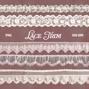 May include: An assortment of white lace trims in various designs. The image includes trims with floral patterns, scalloped edges, and delicate textures. The text "Lace Trim" is displayed in a cursive font, along with "PNG" and "300 DPI".