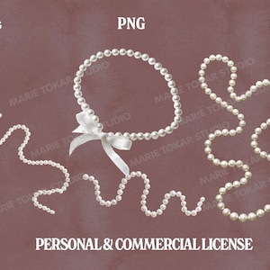 May include: An assortment of white pearl necklaces and bracelets are artfully arranged against a muted maroon background. One necklace is looped into a circle with a white bow. The image includes the text "high res", "PNG", and "300 DPI".