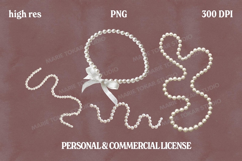 May include: An assortment of white pearl necklaces and bracelets are artfully arranged against a muted maroon background. One necklace is looped into a circle with a white bow. The image includes the text "high res", "PNG", and "300 DPI".