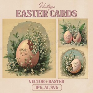 et vecteurs de carte de Pâques vintage | Oeufs de muguet | AI, SVG, JPG, illustration de Pâques rétro, décoration de vacances antique imprimable