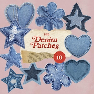 Op de afbeelding: Een verzameling van tien denim patches in verschillende vormen, waaronder sterren, harten en bloemen. De patches zijn in blauwe denim tinten met gestikte randen. De afbeelding bevat de tekst "PNG Denim Patches".