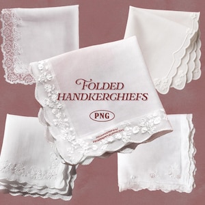 Può includere: Cinque fazzoletti bianchi piegati con vari disegni di pizzo e ricami floreali. Il fazzoletto centrale presenta il testo "Folded Handkerchiefs" e "PNG" in un emblema circolare. Su sfondo malva.